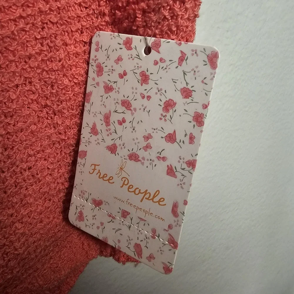 Free People Medium Oversized Cropped Coral‎ Open Knit Sweater Top Frayed Sleeves